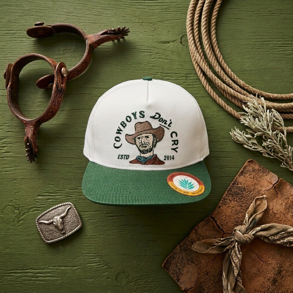Sendero Cowboys Don't Cry Hat White Green Snapback Western Mens OS Flawed